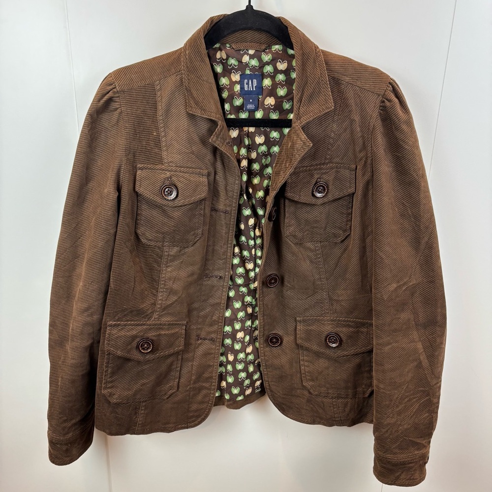 Vintage Y2K Gap Corduroy Jacket Dark Brown Butterfly Print Lining sz 8 Bohemian